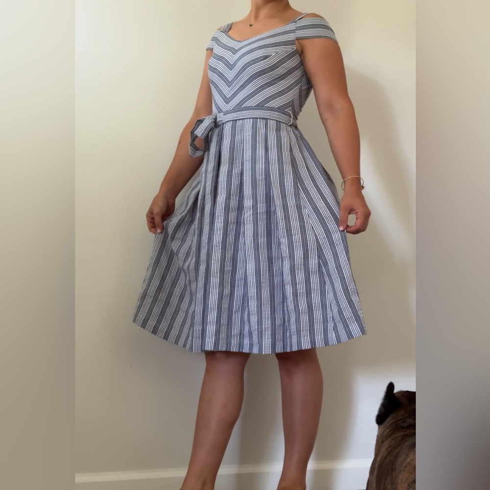 White House Black Market Strapless Blue and White Dress